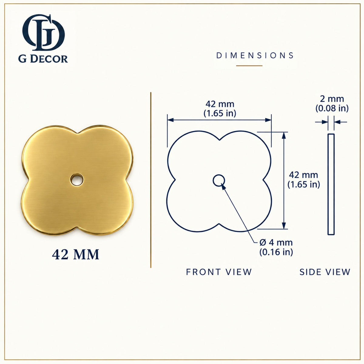 Dimension drawing, solid quatrefoil satin brass backplate, 42 x 42mm
