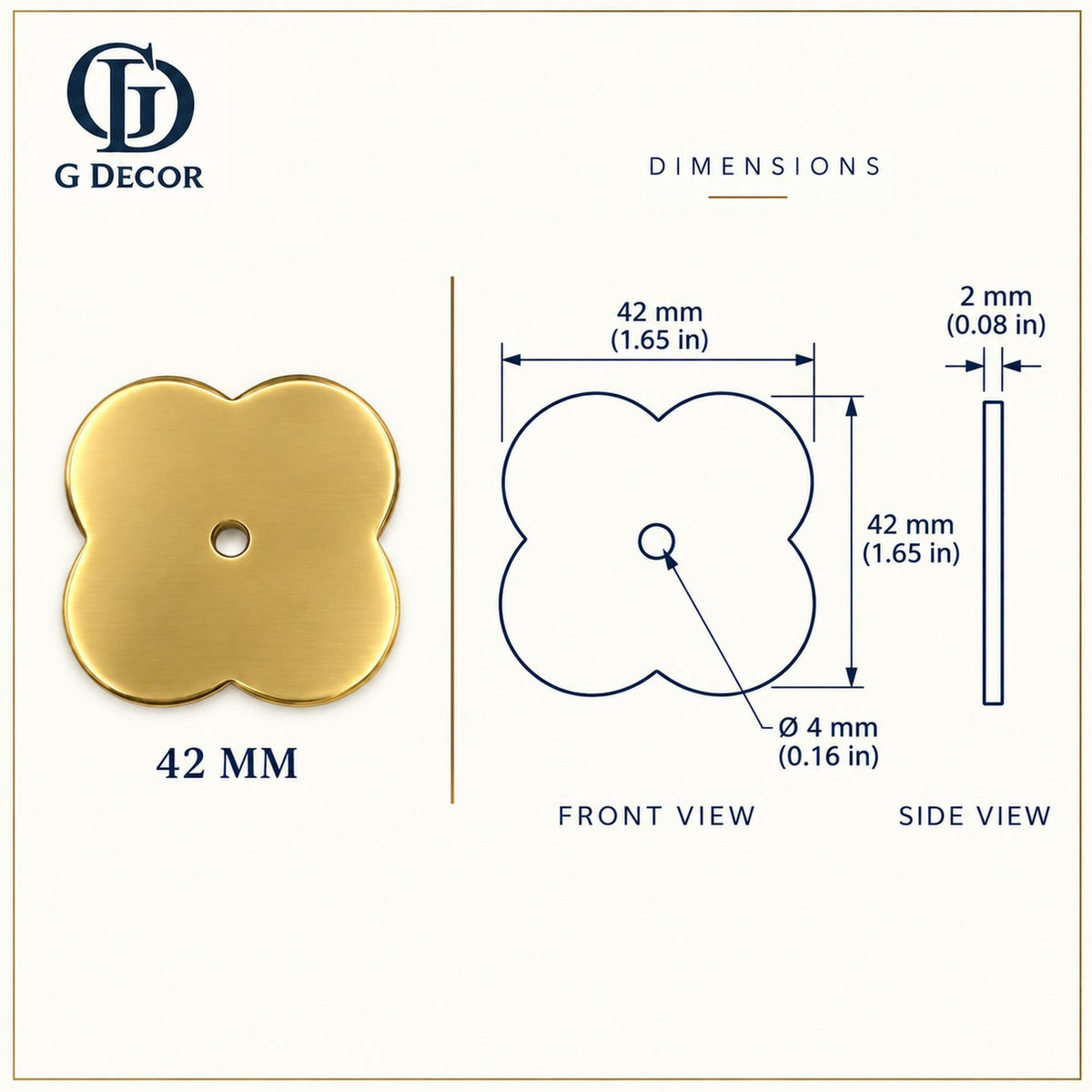 Dimension drawing, solid quatrefoil satin brass backplate, 42 x 42mm
