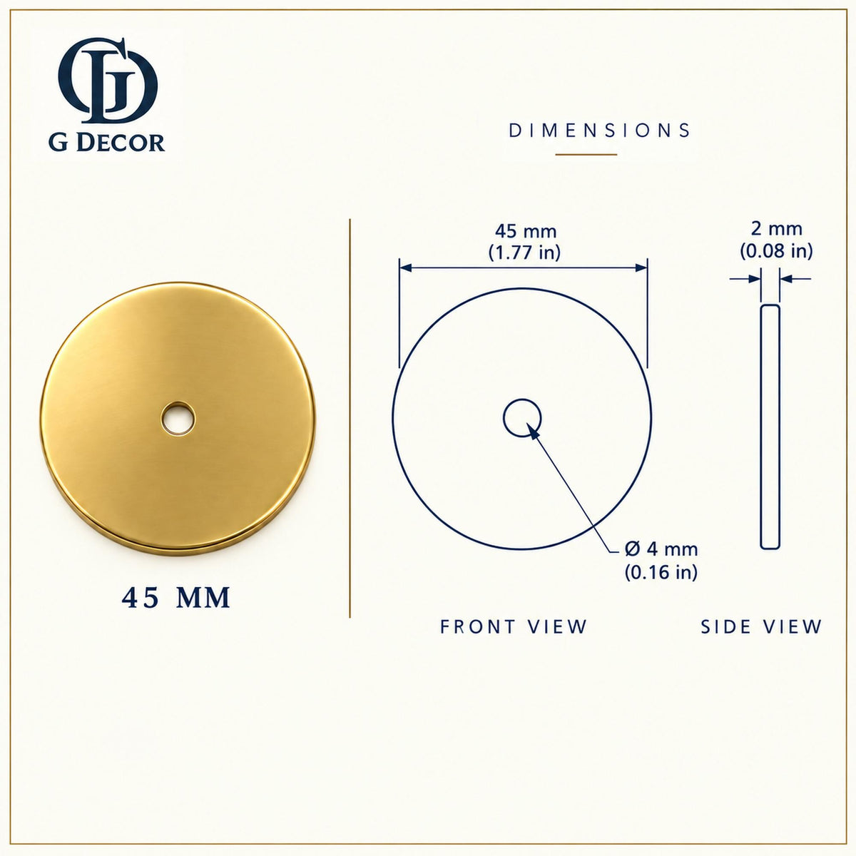 Dimension drawing, round satin brass backplate, 45mm across