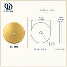 Dimension drawing, round satin brass backplate, 45mm across