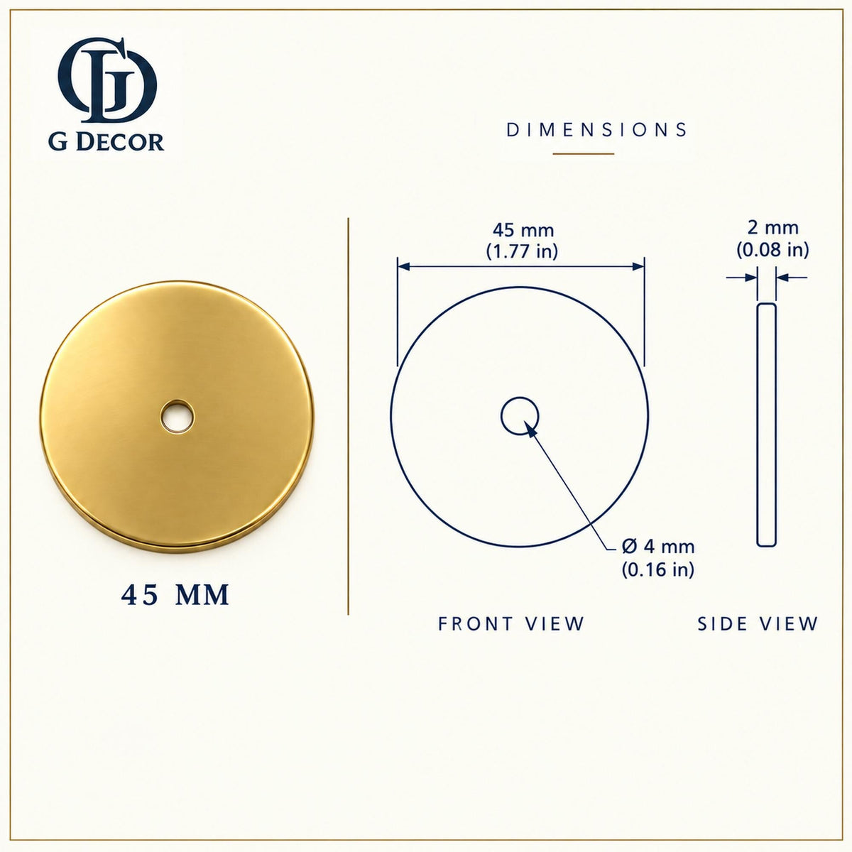 Dimension drawing, round satin brass backplate, 45mm across