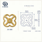 Dimension drawing, pierced openwork quatrefoil satin brass backplate, 38 x 38mm
