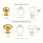 Dimension drawing, satin brass ball knob 32mm and mushroom knob 32mm