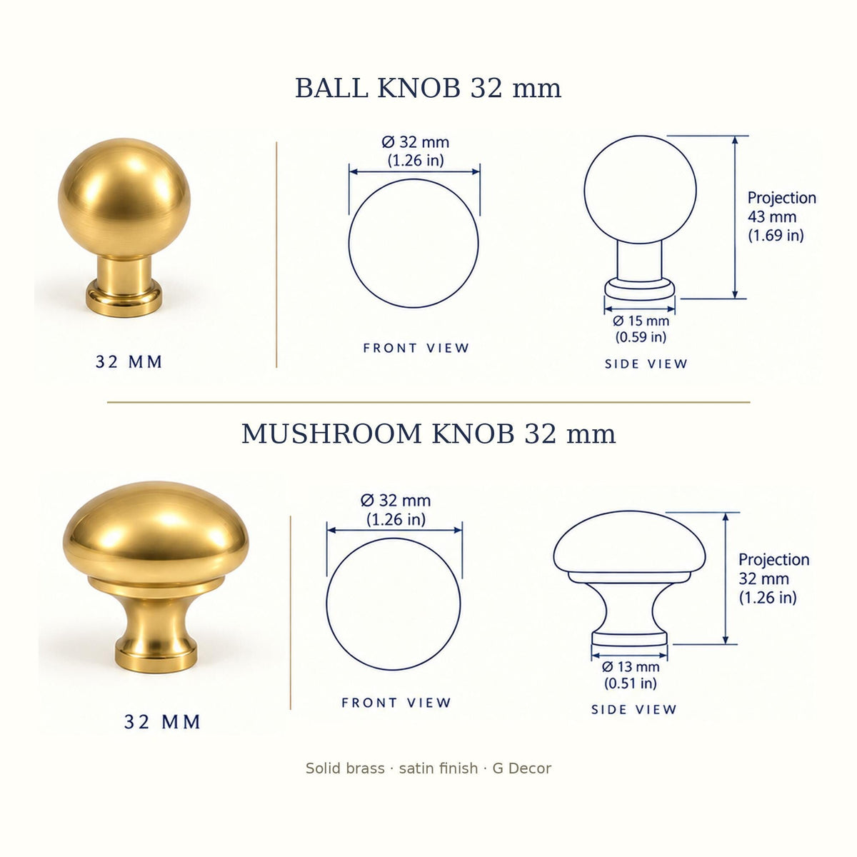 Dimension drawing, satin brass ball knob 32mm and mushroom knob 32mm