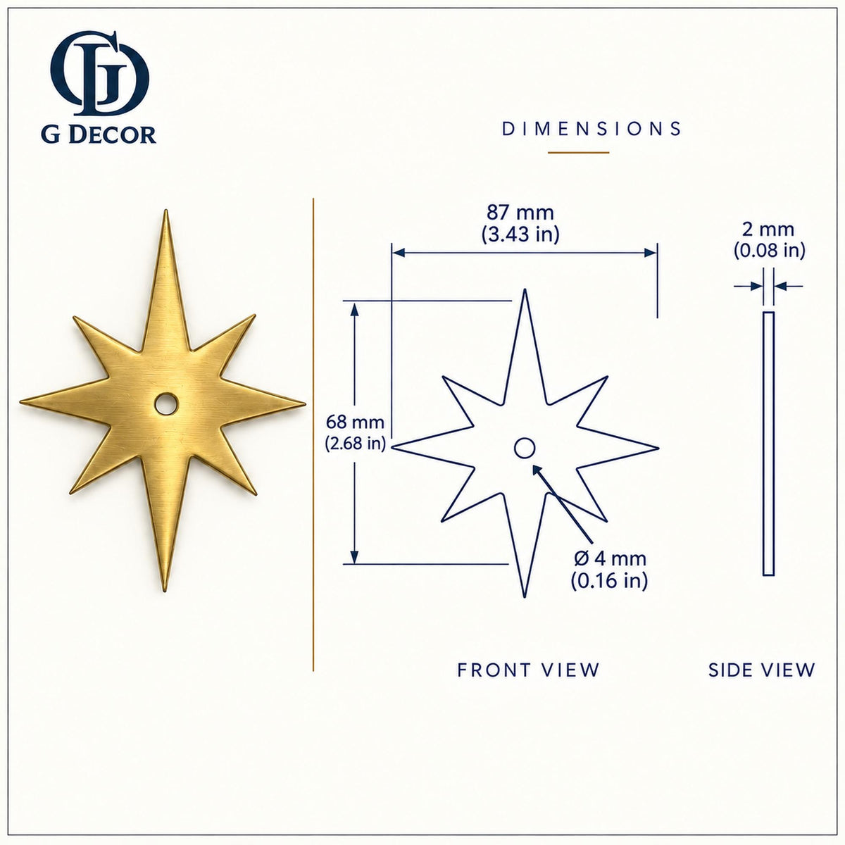 Dimension drawing, eight-point star satin brass backplate, 87 x 68mm