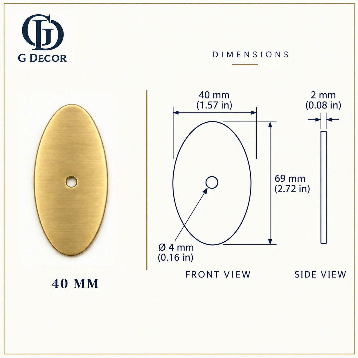 Dimension drawing, oval satin brass backplate, 70 x 40mm