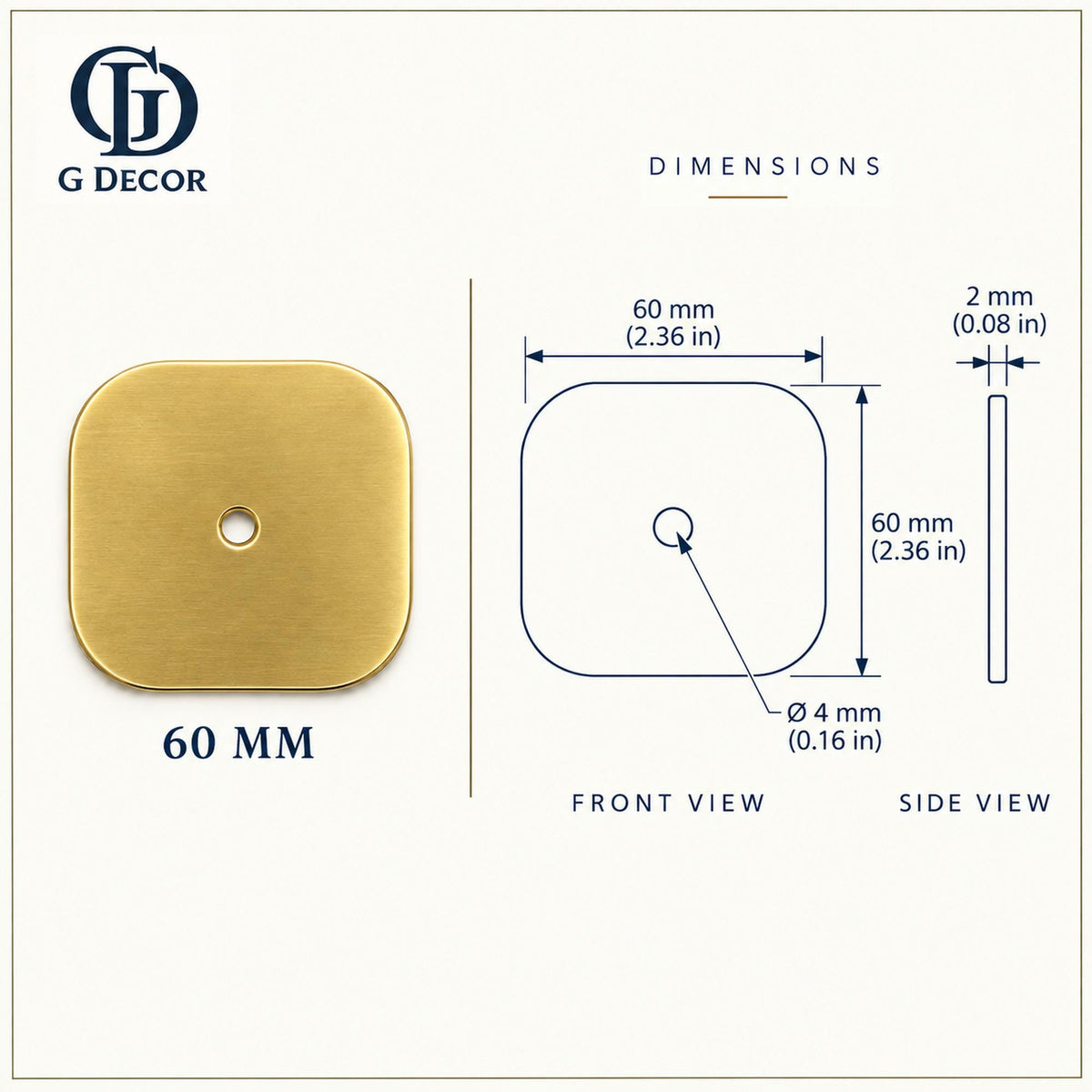 Dimension drawing, squircle satin brass backplate, 60 x 60mm