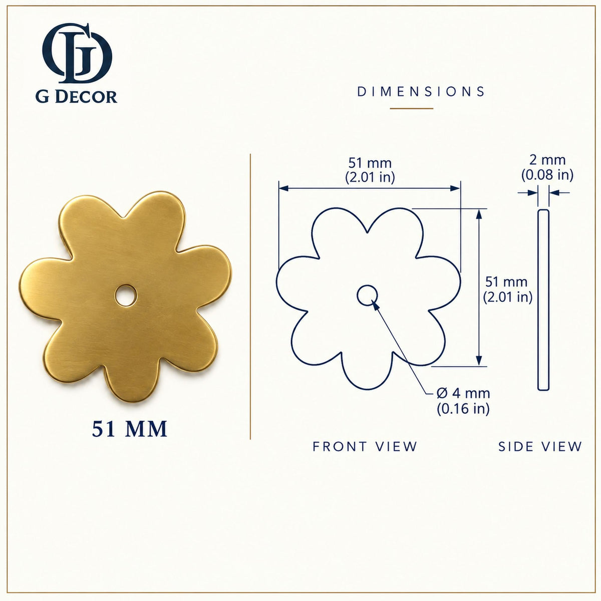 Dimension drawing, flower satin brass backplate, 51 x 51mm