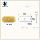 Dimension drawing, oblong satin brass backplate with rounded ends, 54 x 25mm