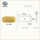 Dimension drawing, oblong satin brass backplate with rounded ends, 54 x 25mm