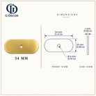 Dimension drawing, oblong satin brass backplate with rounded ends, 54 x 25mm