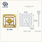 Dimension drawing, square fretwork satin brass backplate, 45 x 45mm