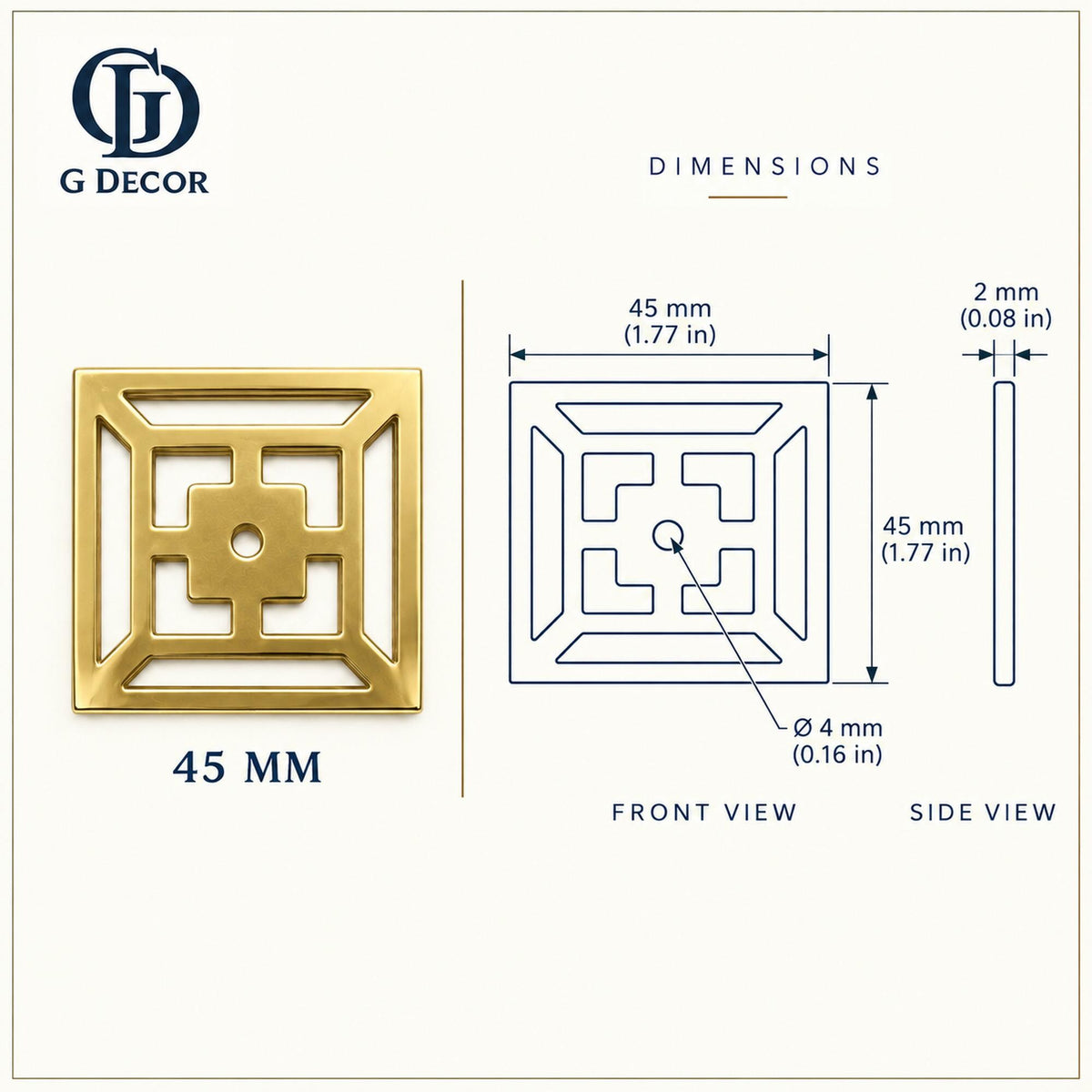 Dimension drawing, square fretwork satin brass backplate, 45 x 45mm