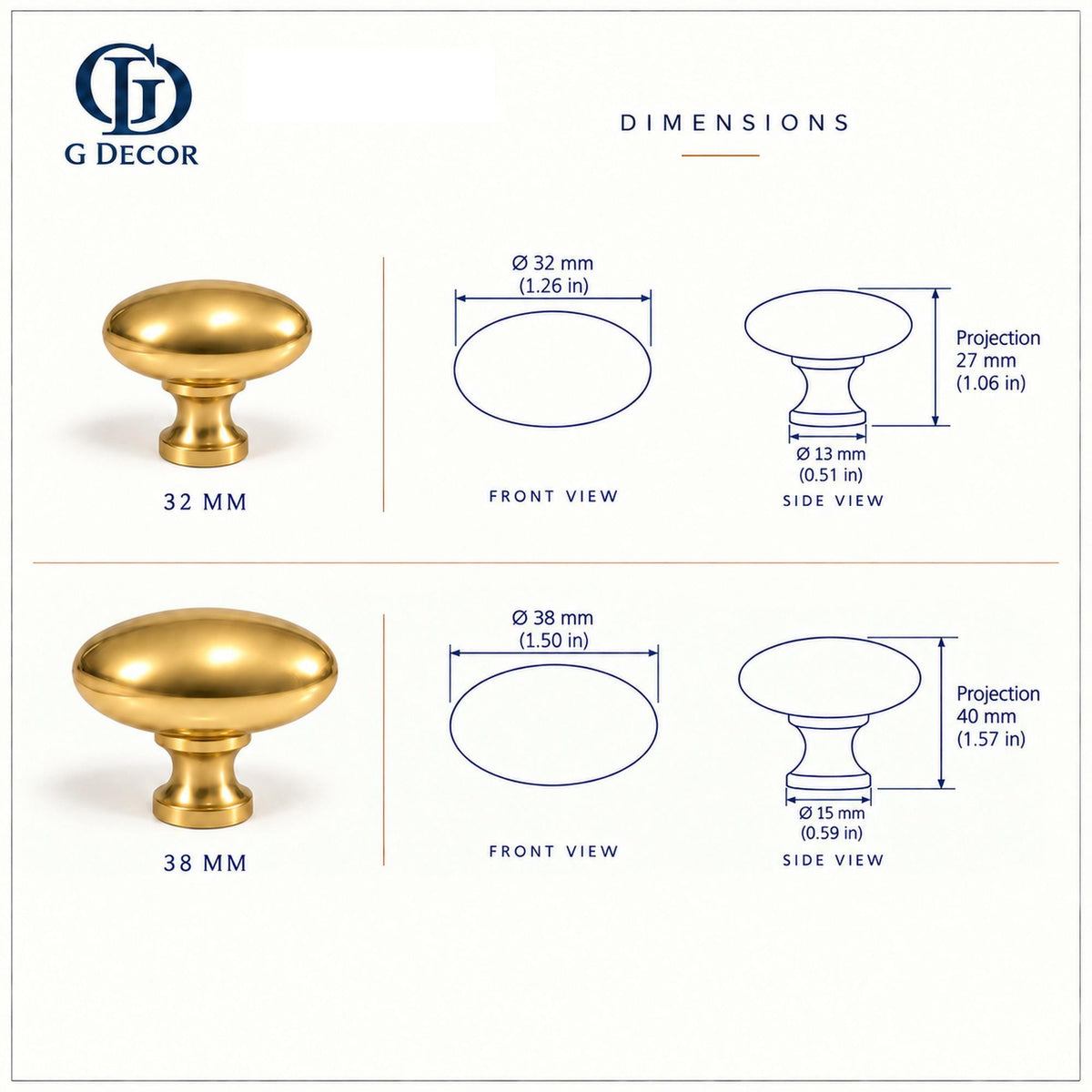 Dimension drawing, satin brass oval knobs, 32mm and 38mm