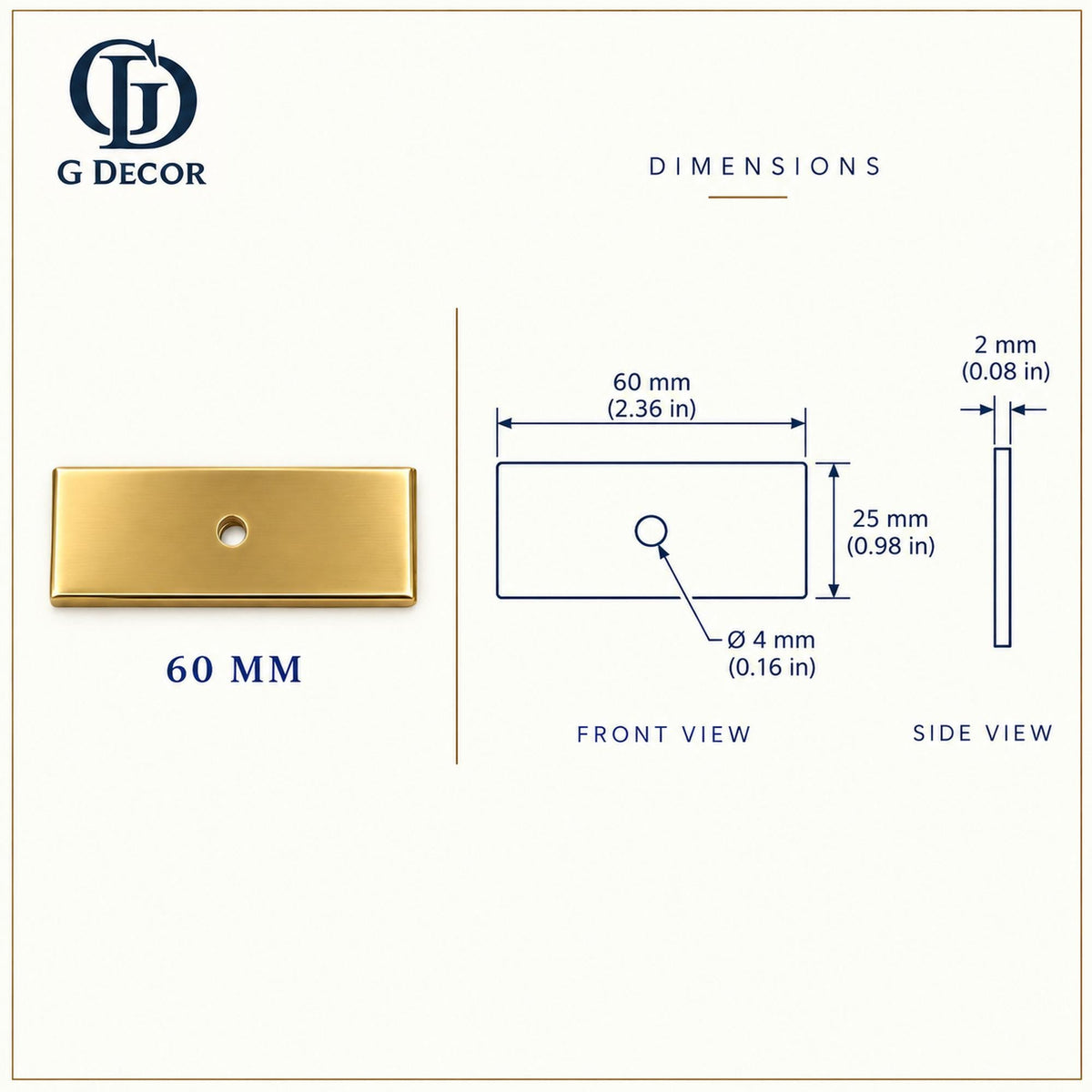 Dimension drawing, rectangular satin brass backplate, 60 x 25mm