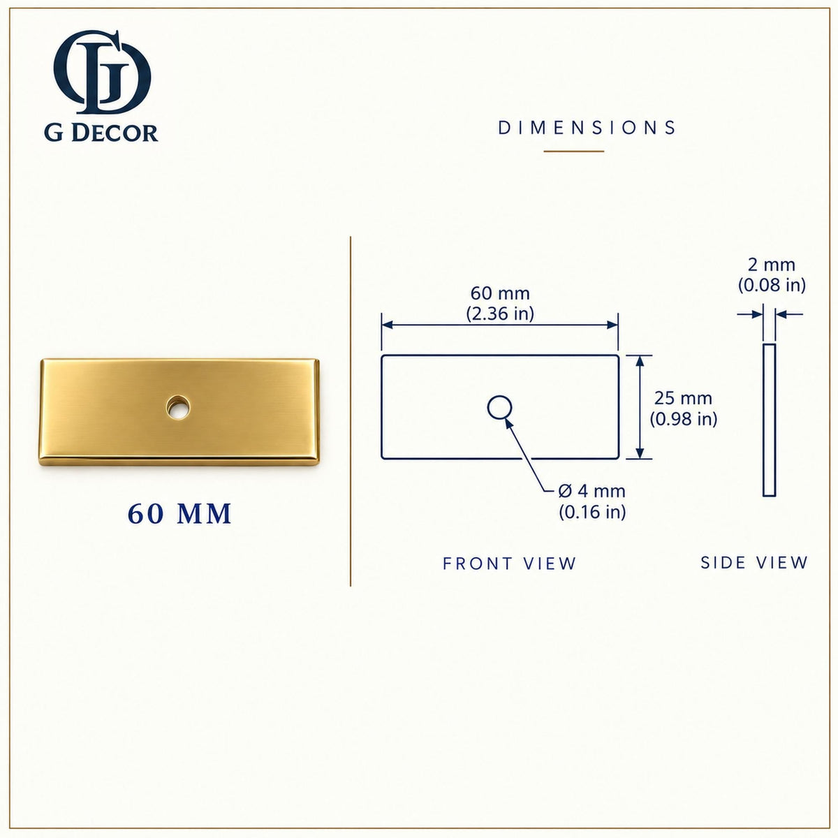 Dimension drawing, rectangular satin brass backplate, 60 x 25mm