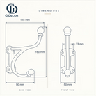 Size drawing of the large bracket hook: 160 mm (6.30 in) tall, sticks out 118 mm (4.65 in), back plate 50 mm (1.97 in) wide, screw holes 33 mm (1.30 in) apart