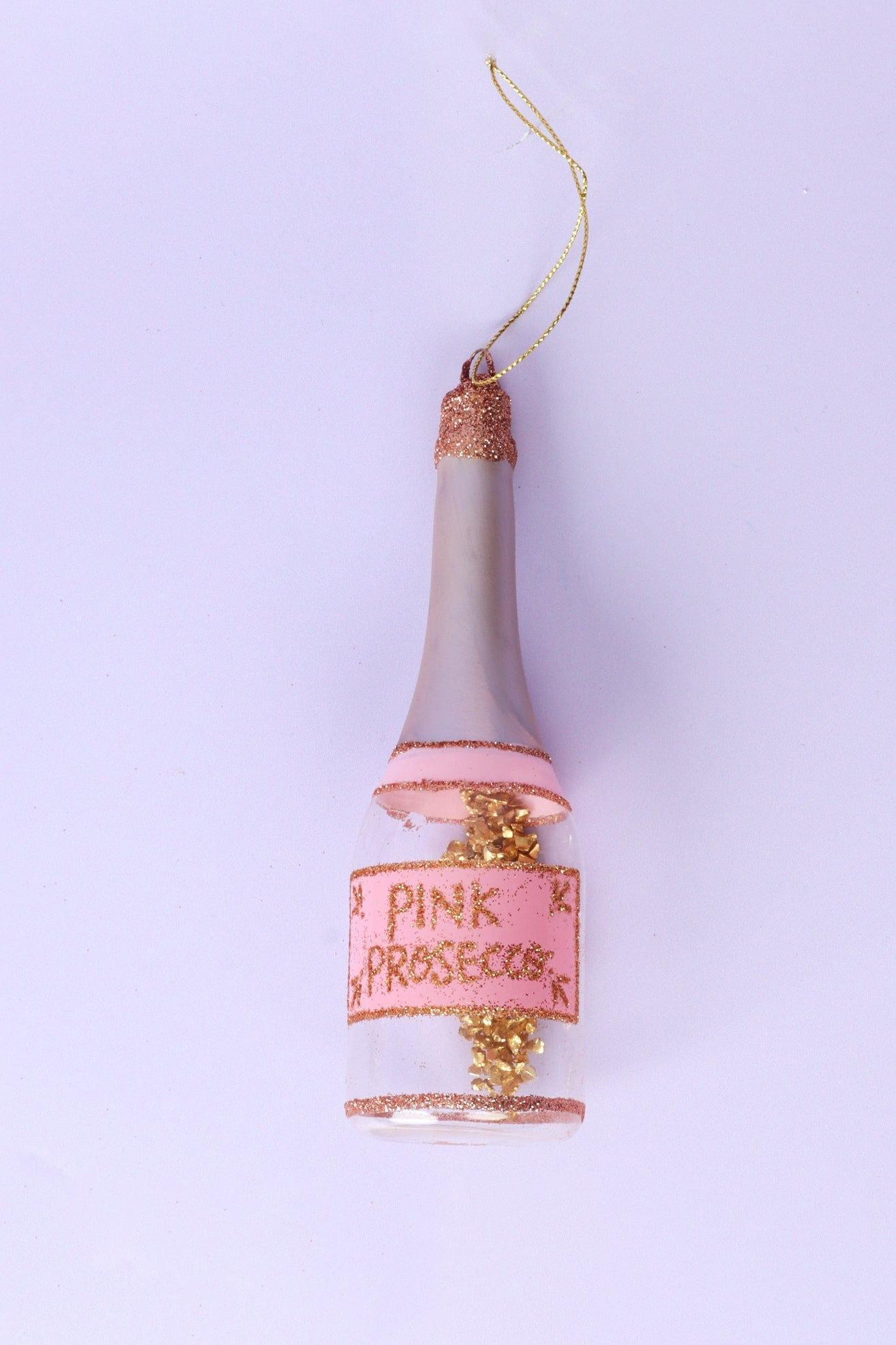 G Decor Christmas Decorations Pink Large Pink Prosecco Bottle with Gold Flakes Christmas Tree Ornament