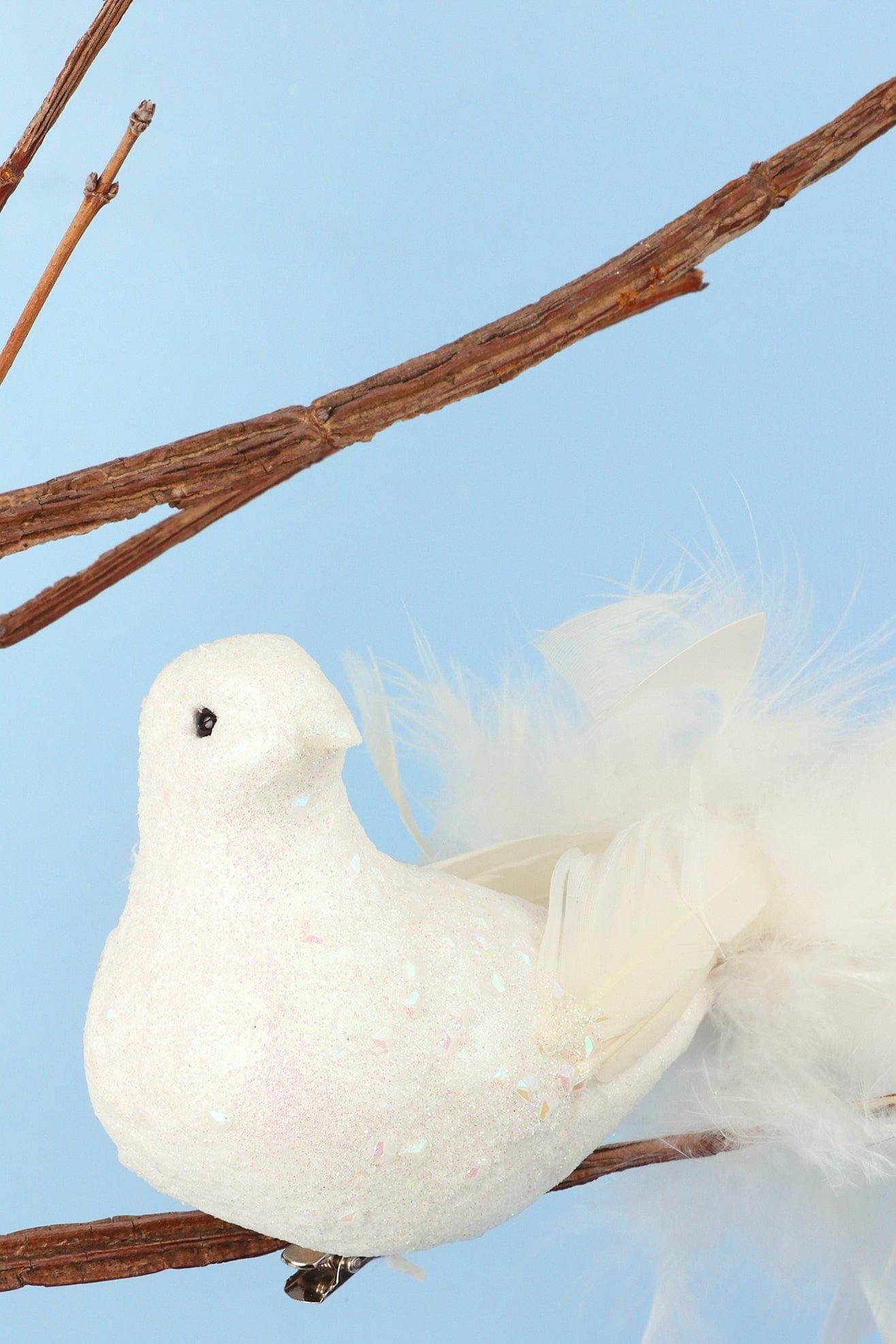 Large Life-Size Hand-Finished White Dove Clip-On Bird Christmas Decoration Sparkly Finish & Flowing Feather Tail - G Decor