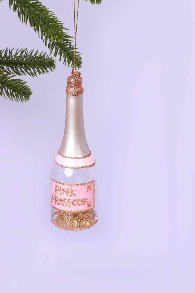 Large Pink Prosecco Bottle Hand-Painted Glass Bauble with Gold Flakes