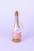 Large Pink Prosecco Bottle Hand-Painted Glass Bauble with Gold Flakes — close-up view, G Decor