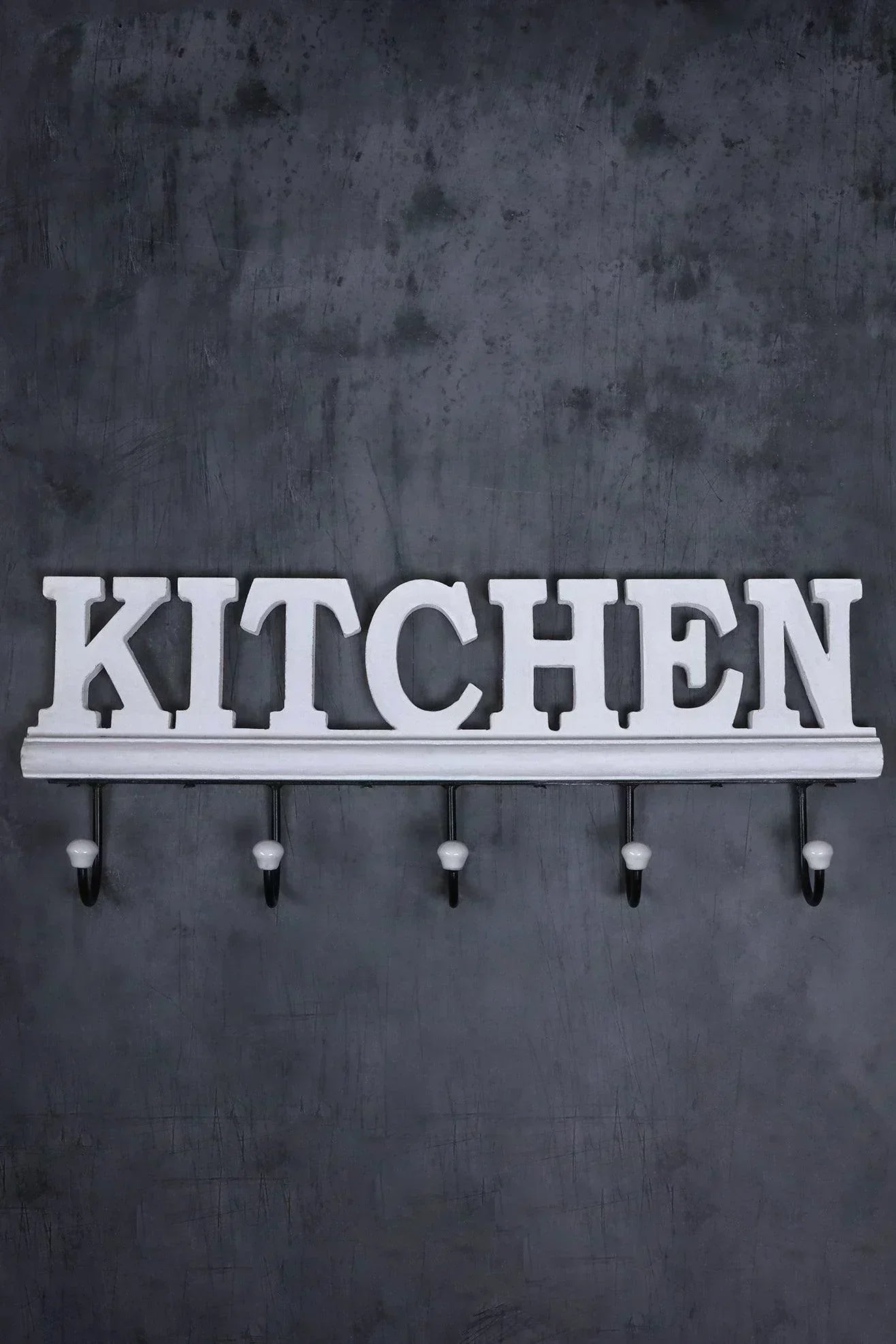 Rustic White Wall-Mounted Kitchen Hook Rack with Lettered Plaque — alternate view, G Decor