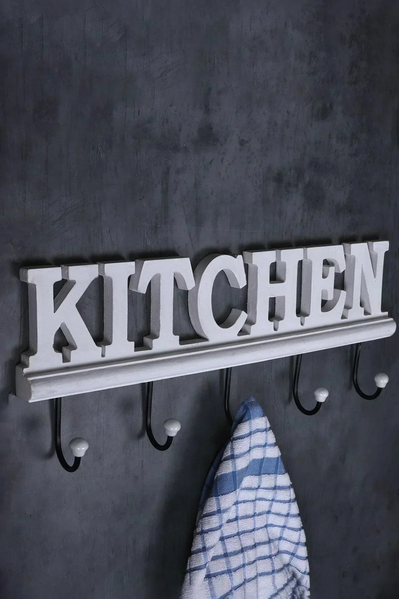 Rustic White Wall-Mounted Kitchen Hook Rack with Lettered Plaque