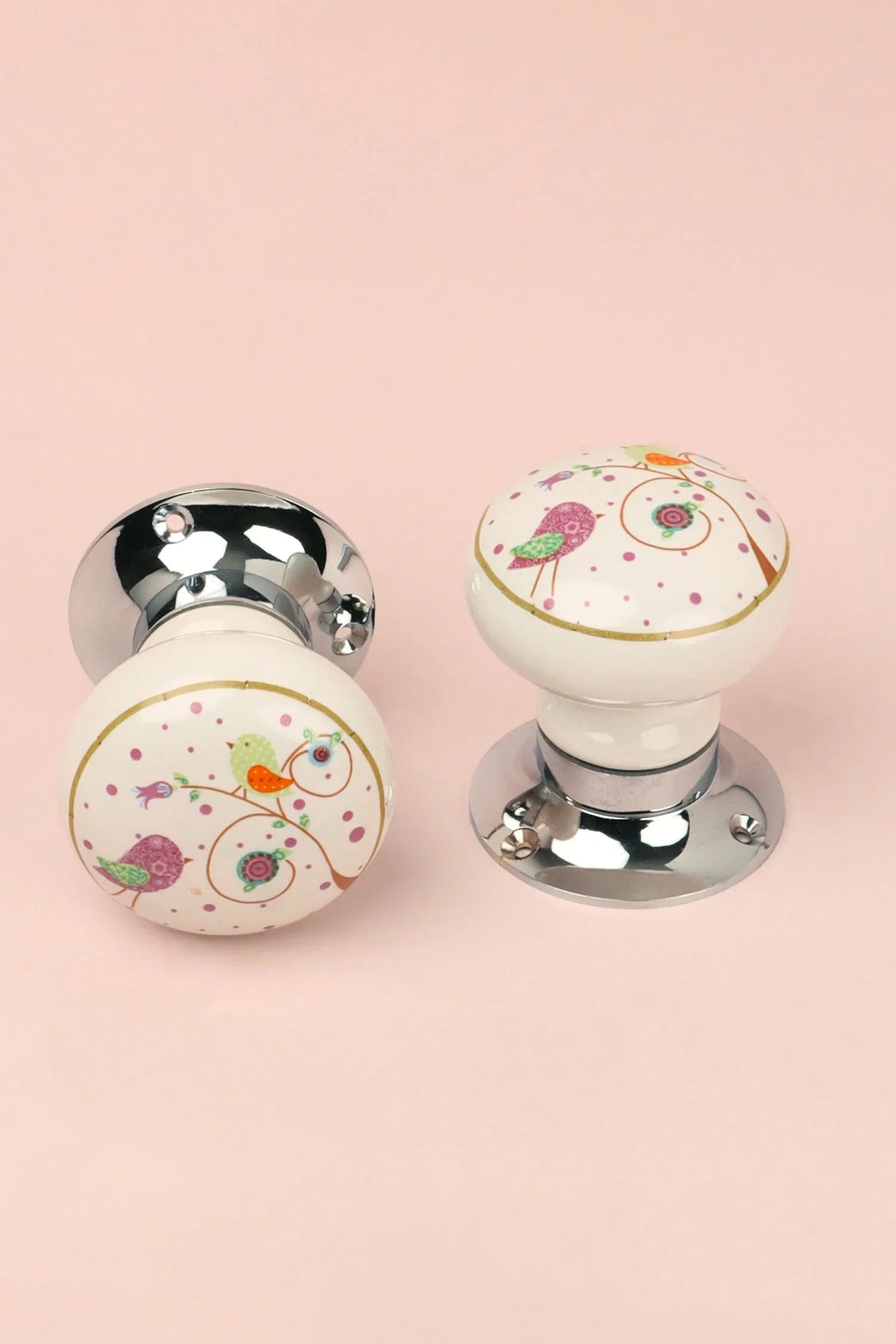 Little Garden Birds Ceramic Mortice Door Knobs Set – Handcrafted for Interior Doors with Chrome Base, Ideal for Kids’ Rooms &amp; Nature Homes - G Decor