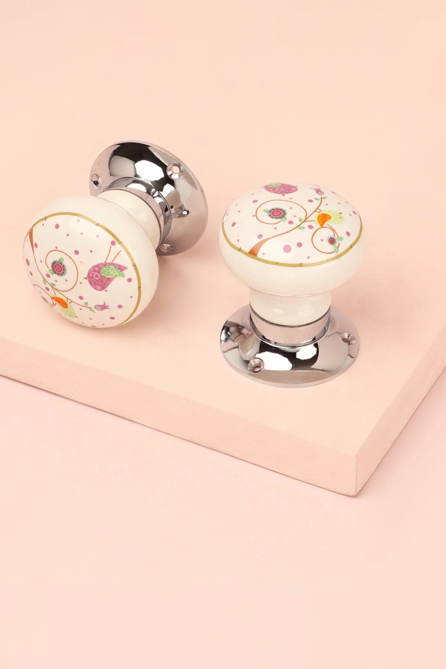 Little Garden Birds Ceramic Mortice Door Knobs Set – Handcrafted for Interior Doors with Chrome Base, Ideal for Kids’ Rooms & Nature Homes - G Decor