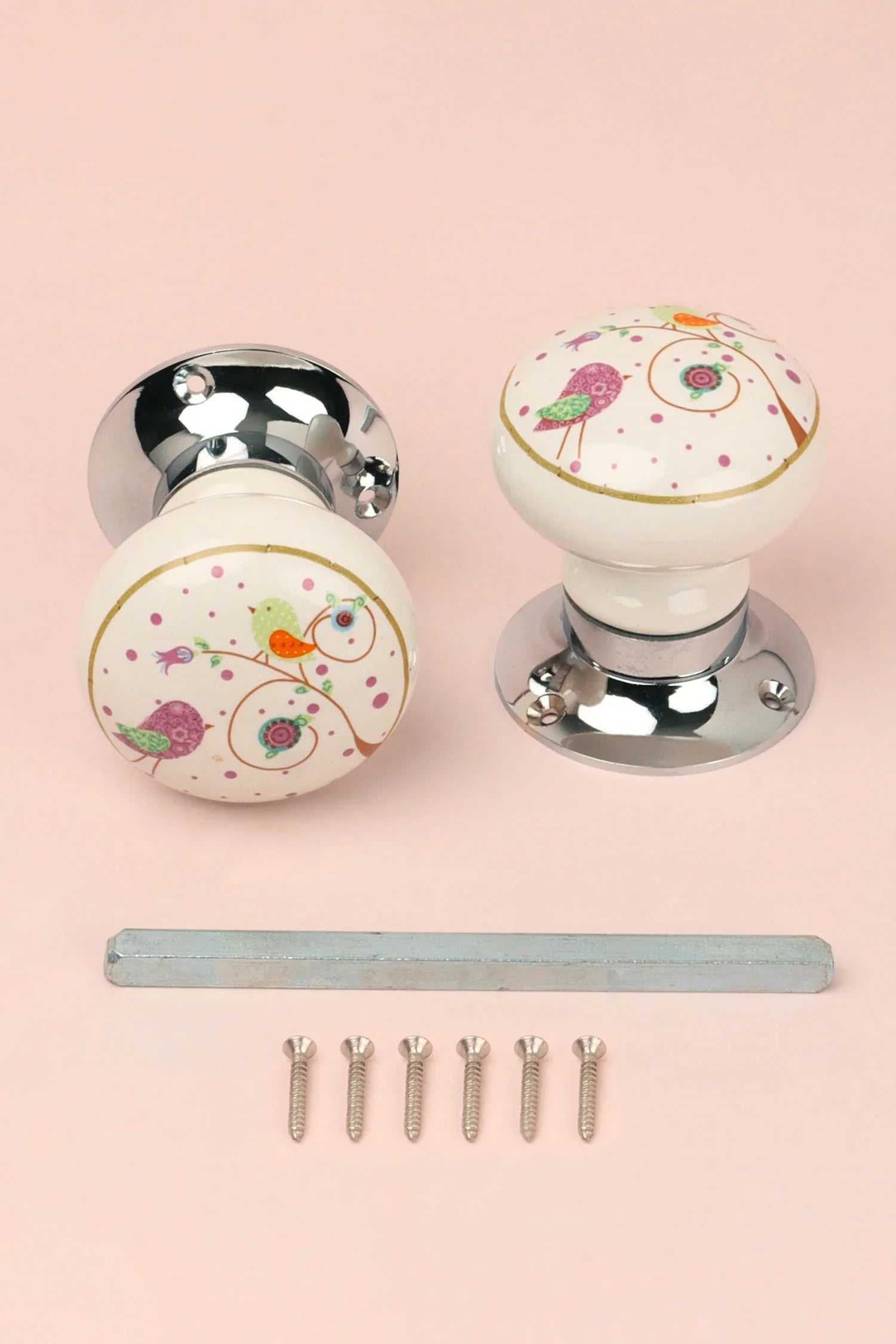 Little Garden Birds Ceramic Mortice Door Knobs Set – Handcrafted for Interior Doors with Chrome Base, Ideal for Kids’ Rooms &amp; Nature Homes - G Decor