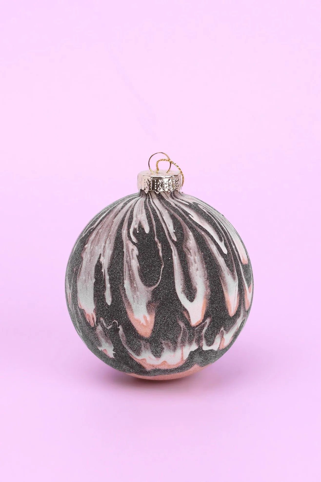 Black White and Gold Marble Effect Christmas Bauble — close-up view, G Decor