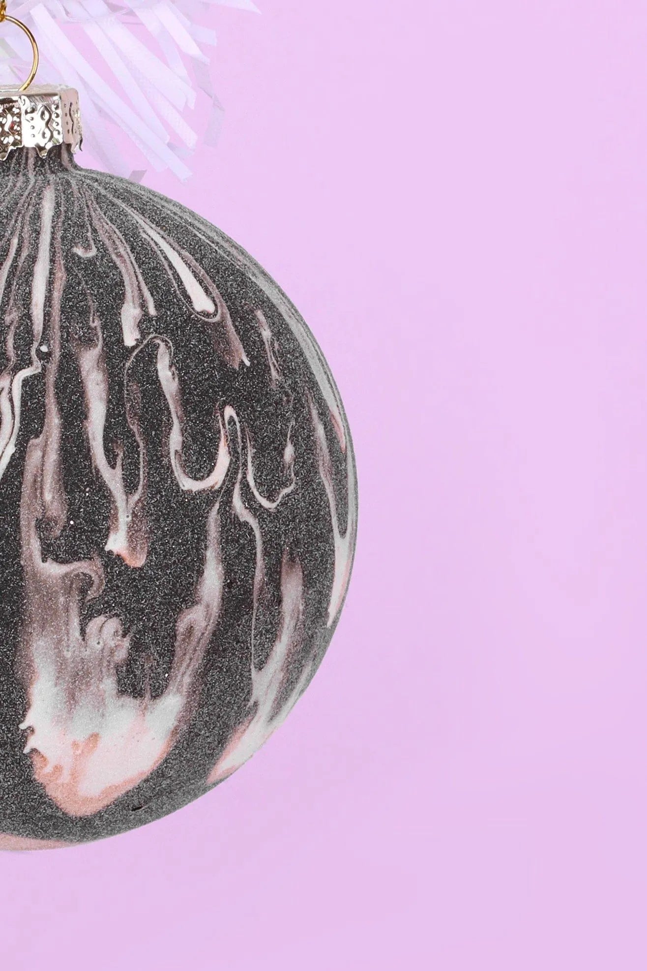 Black White and Gold Marble Effect Christmas Bauble — lifestyle view, G Decor
