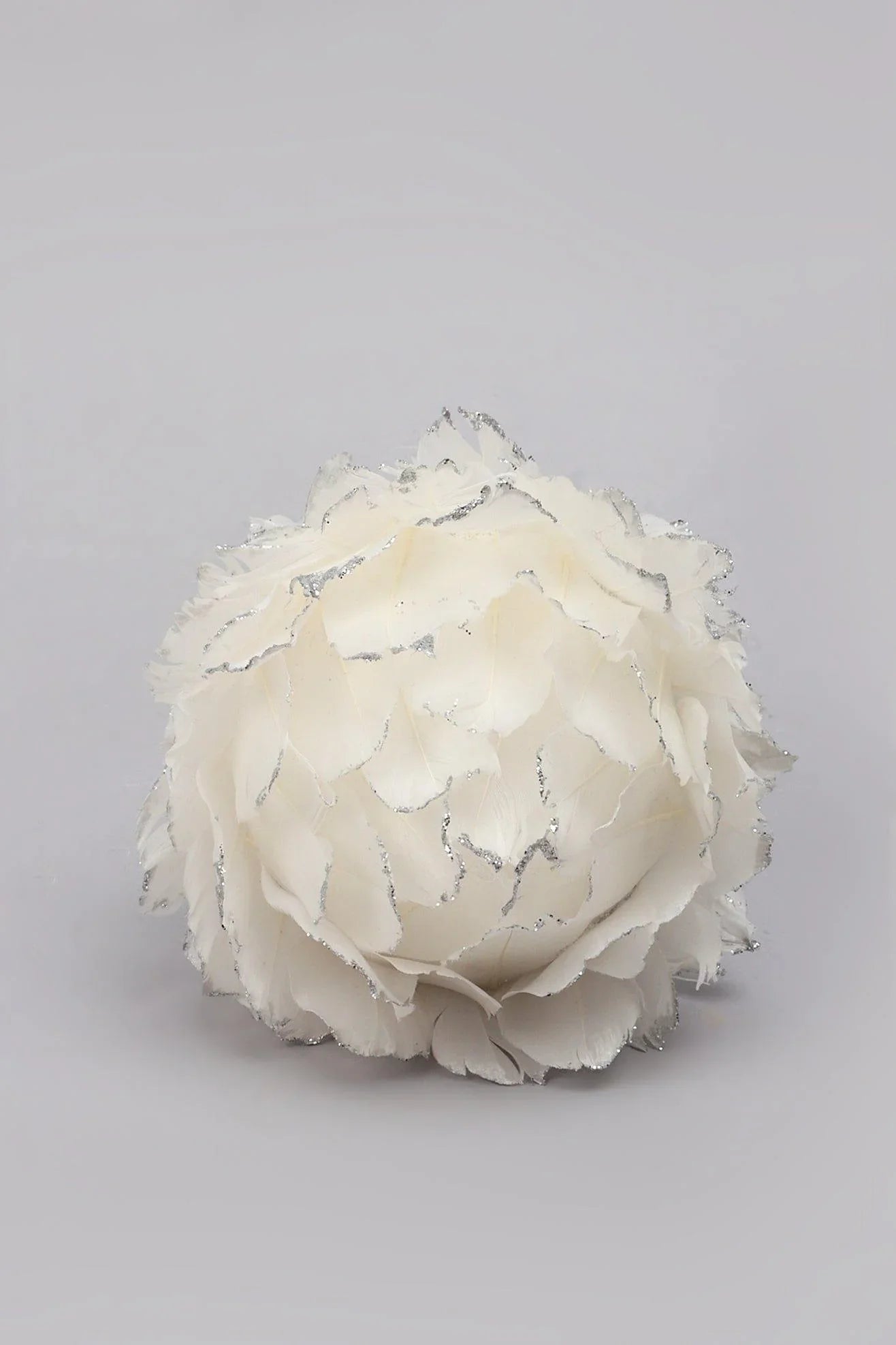 White Feather Snowfall Christmas Bauble — close-up view, G Decor