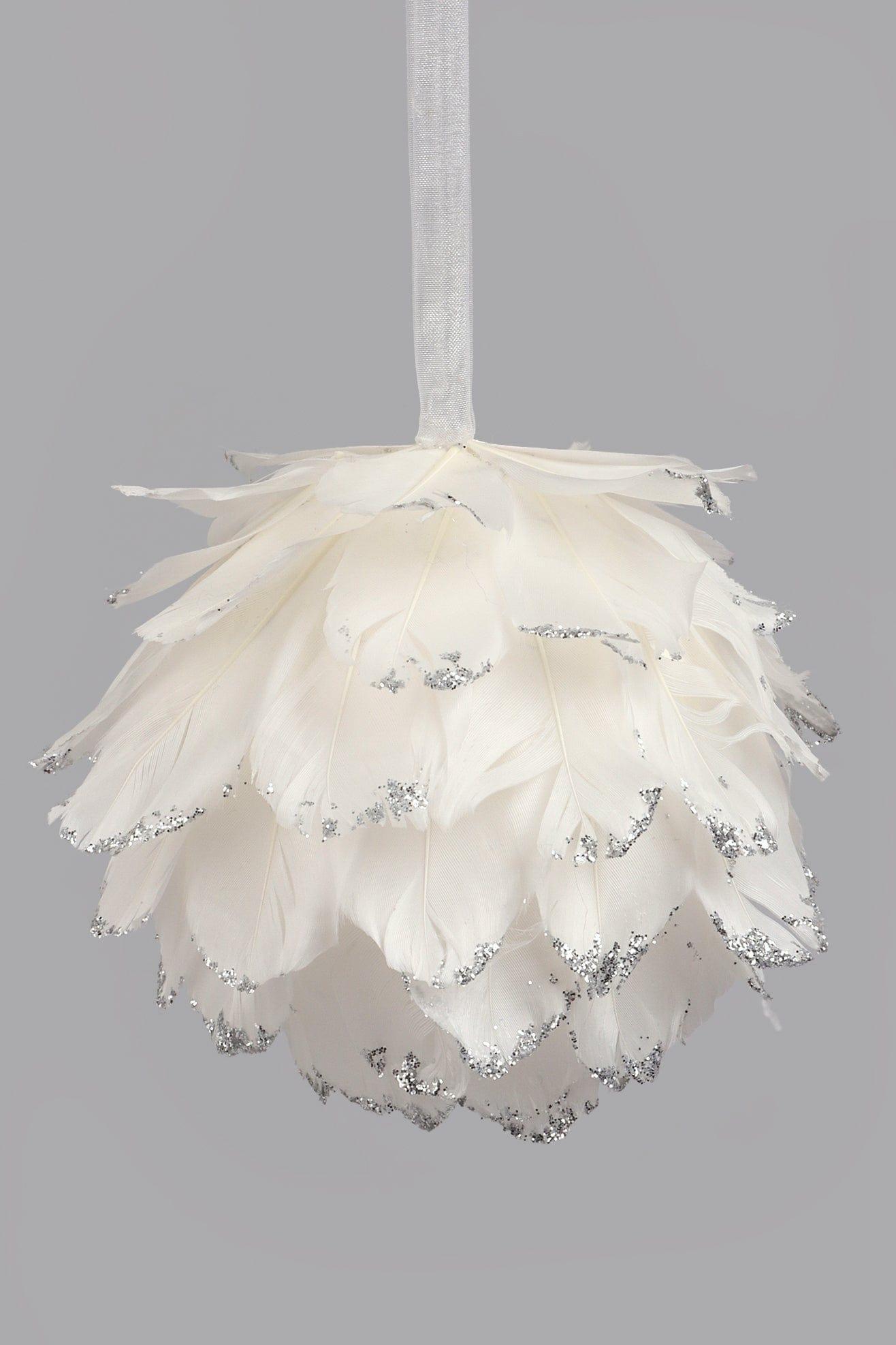 Luxurious White Feather and Silver Glitter Christmas Tree Bauble - G Decor