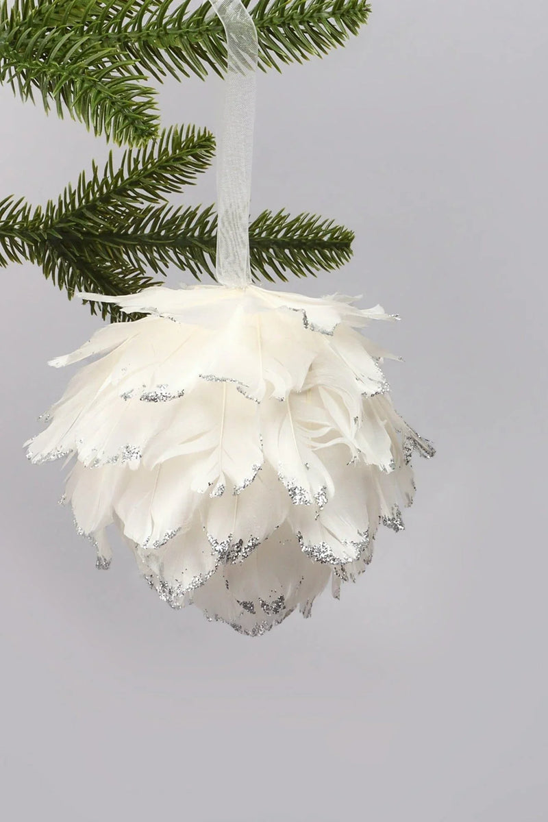 White Feather Snowfall Christmas Bauble with Silver Detail