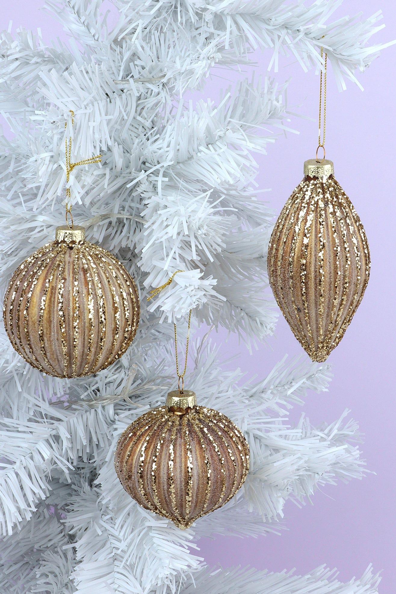 G Decor Christmas Decorations Matte Gold Ribbed Christmas Tree Decorations with Glitter