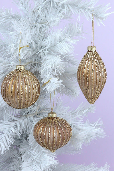 G Decor Christmas Decorations Matte Gold Ribbed Christmas Tree Decorations with Glitter