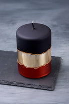 Midnight Mirror Glass Pillar Candle in Matte Black Deep Red and Gold — lifestyle view, G Decor
