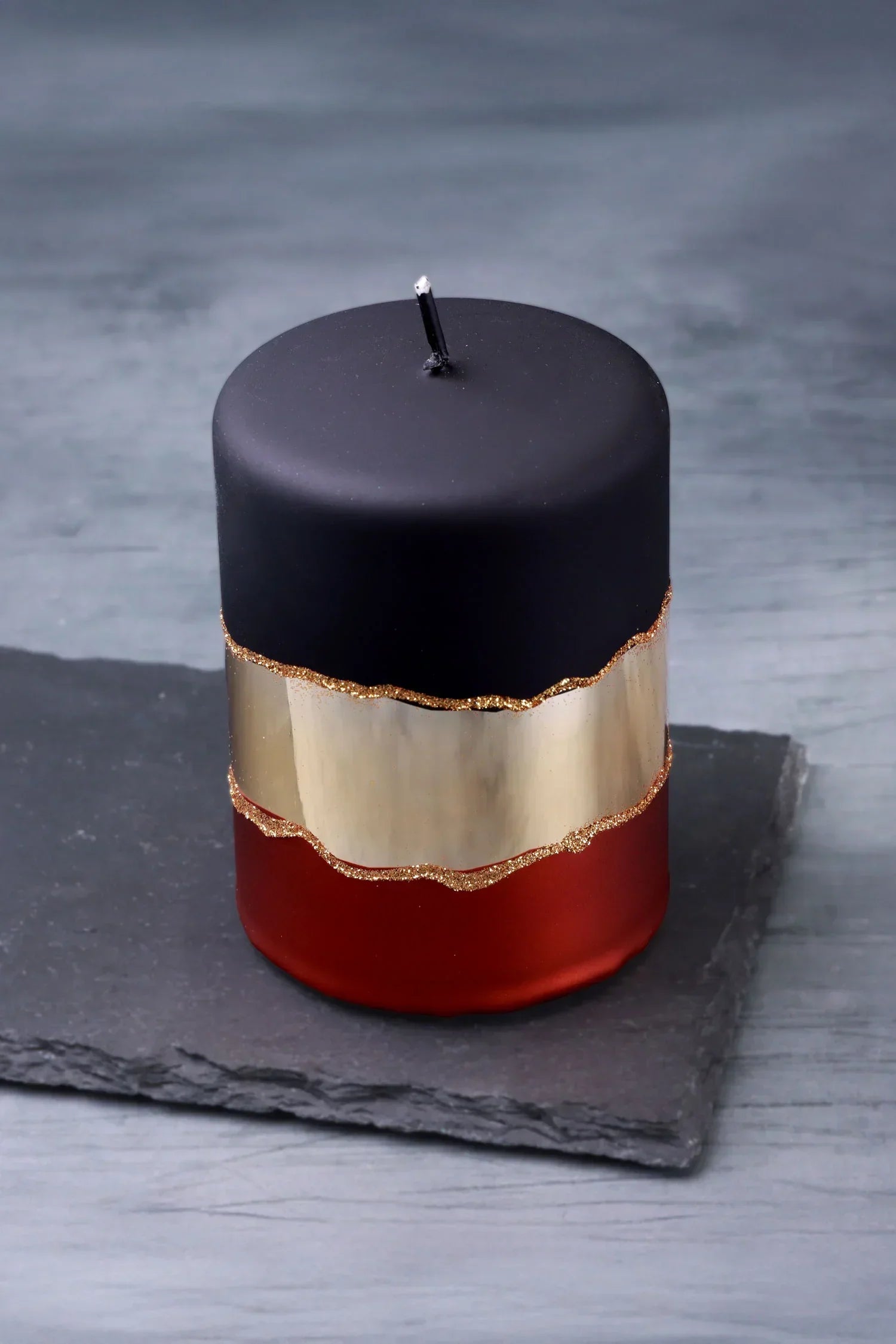 Midnight Mirror Glass Pillar Candle in Matte Black Deep Red and Gold — lifestyle view, G Decor
