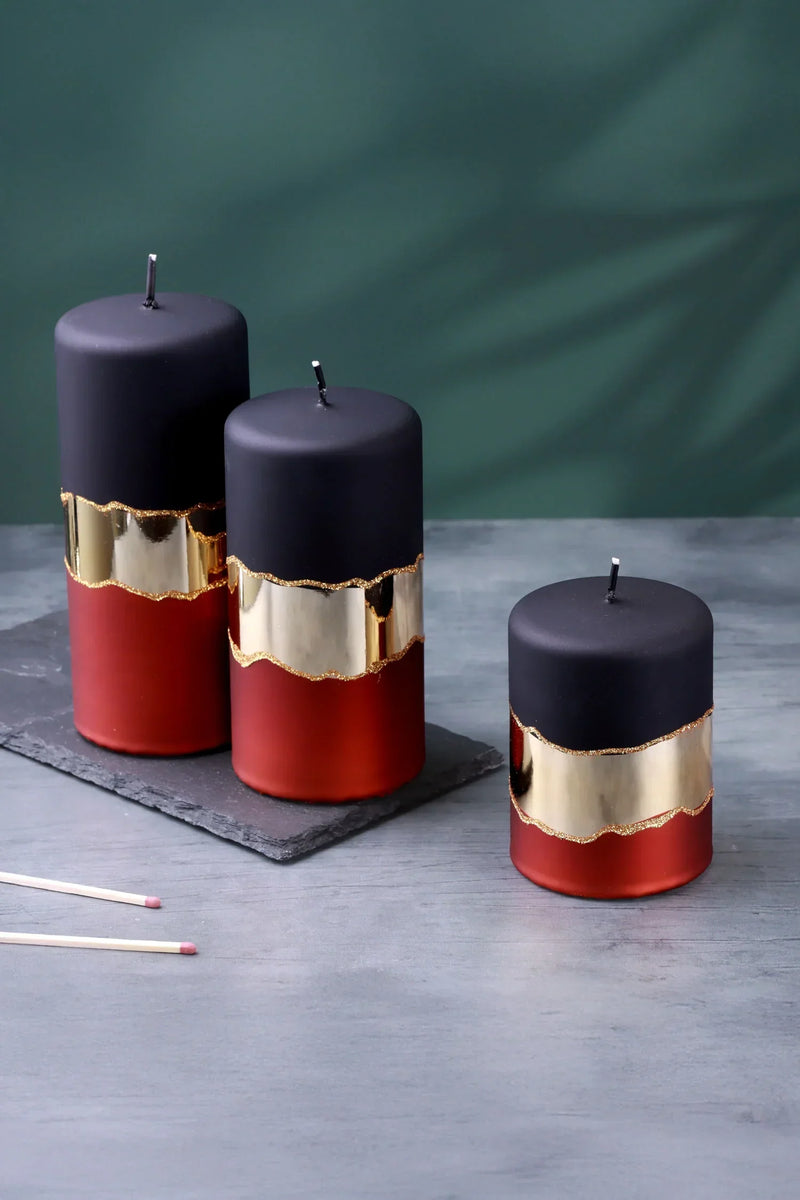 Midnight Mirror Glass Pillar Candle in Matte Black Deep Red and Gold