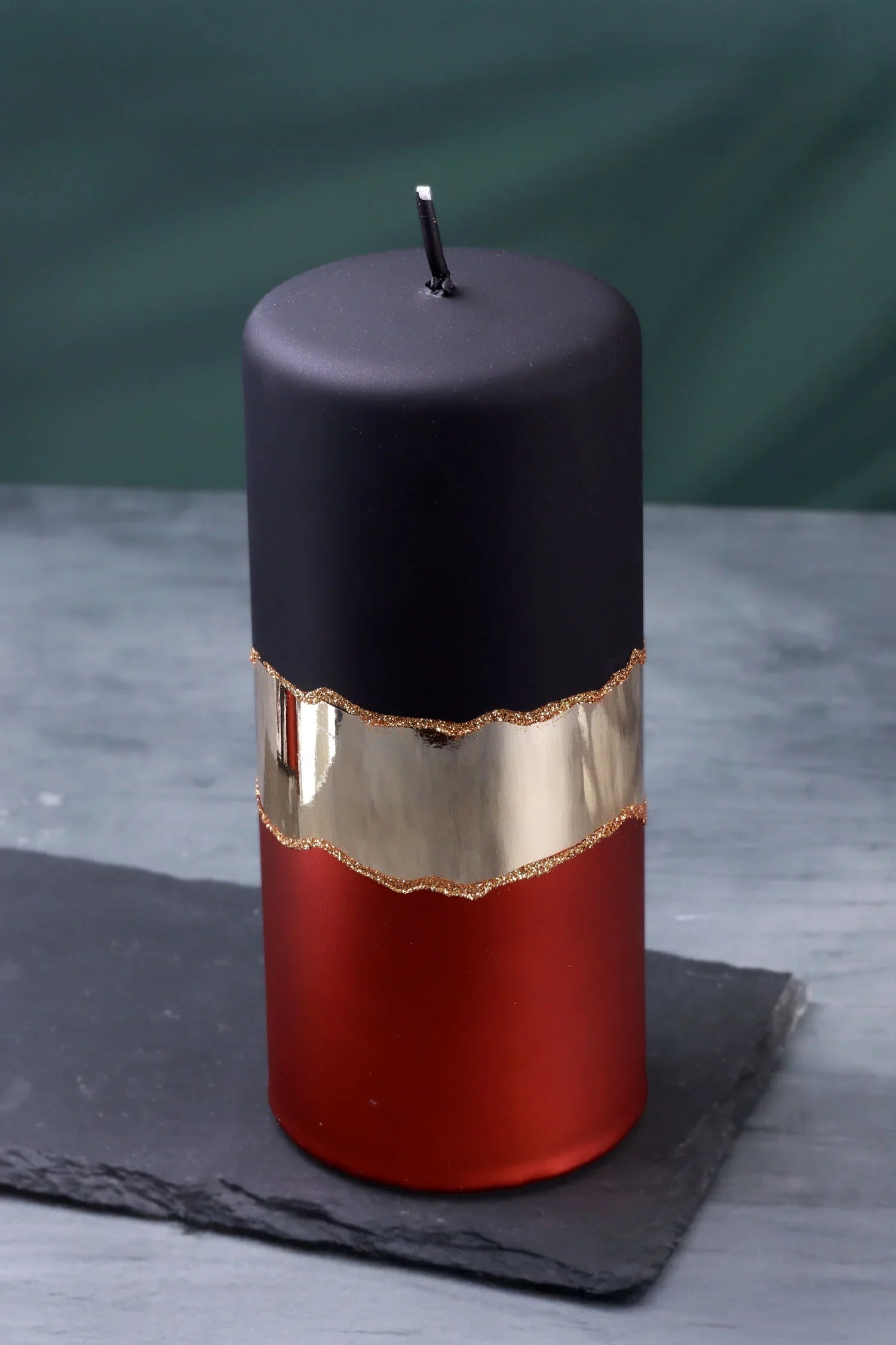 Midnight Mirror Glass Effect Limited Edition Hand-Finished Pillar Candle – Matte Black, Deep Red & Mirror Gold Embellishment - G Decor