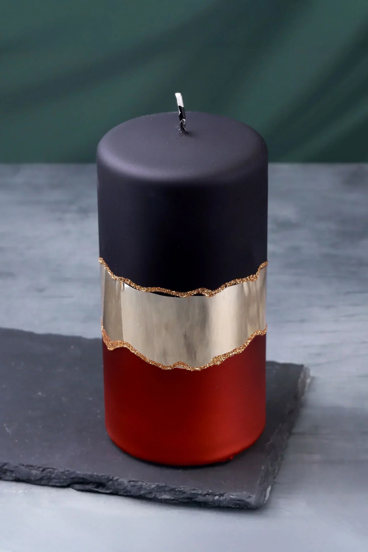 Midnight Mirror Glass Pillar Candle in Matte Black Deep Red and Gold — close-up view, G Decor