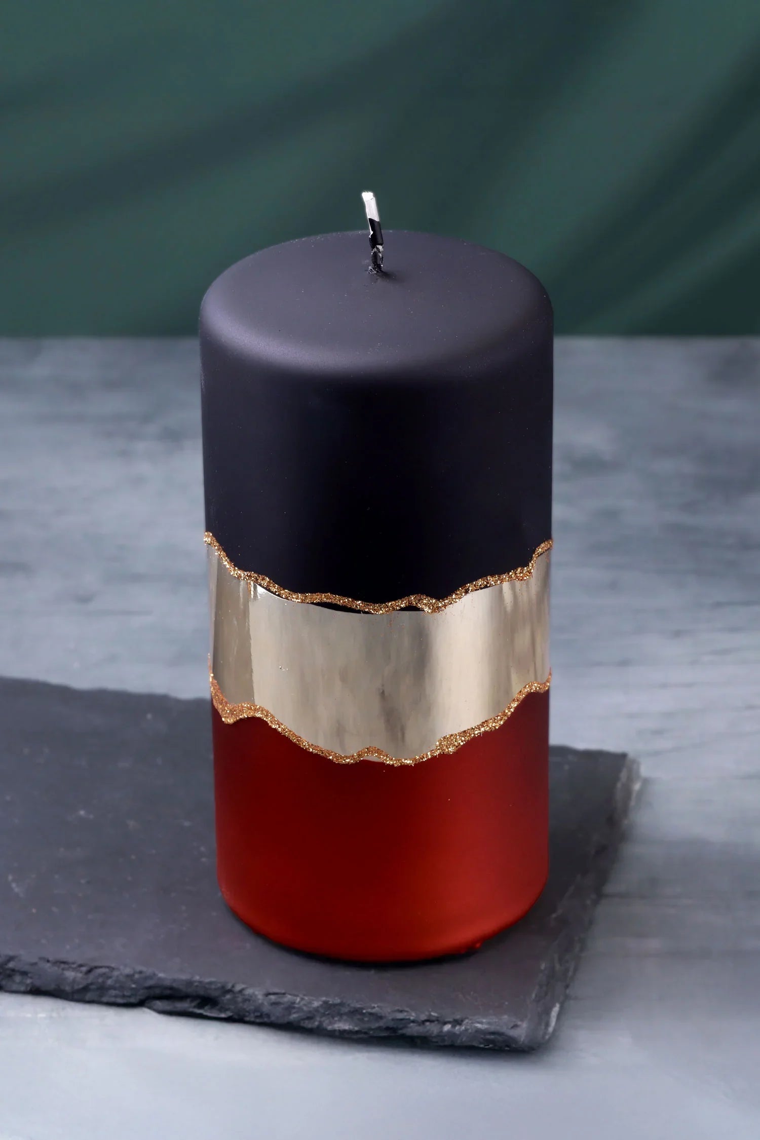 Midnight Mirror Glass Effect Limited Edition Hand-Finished Pillar Candle – Matte Black, Deep Red & Mirror Gold Embellishment - G Decor