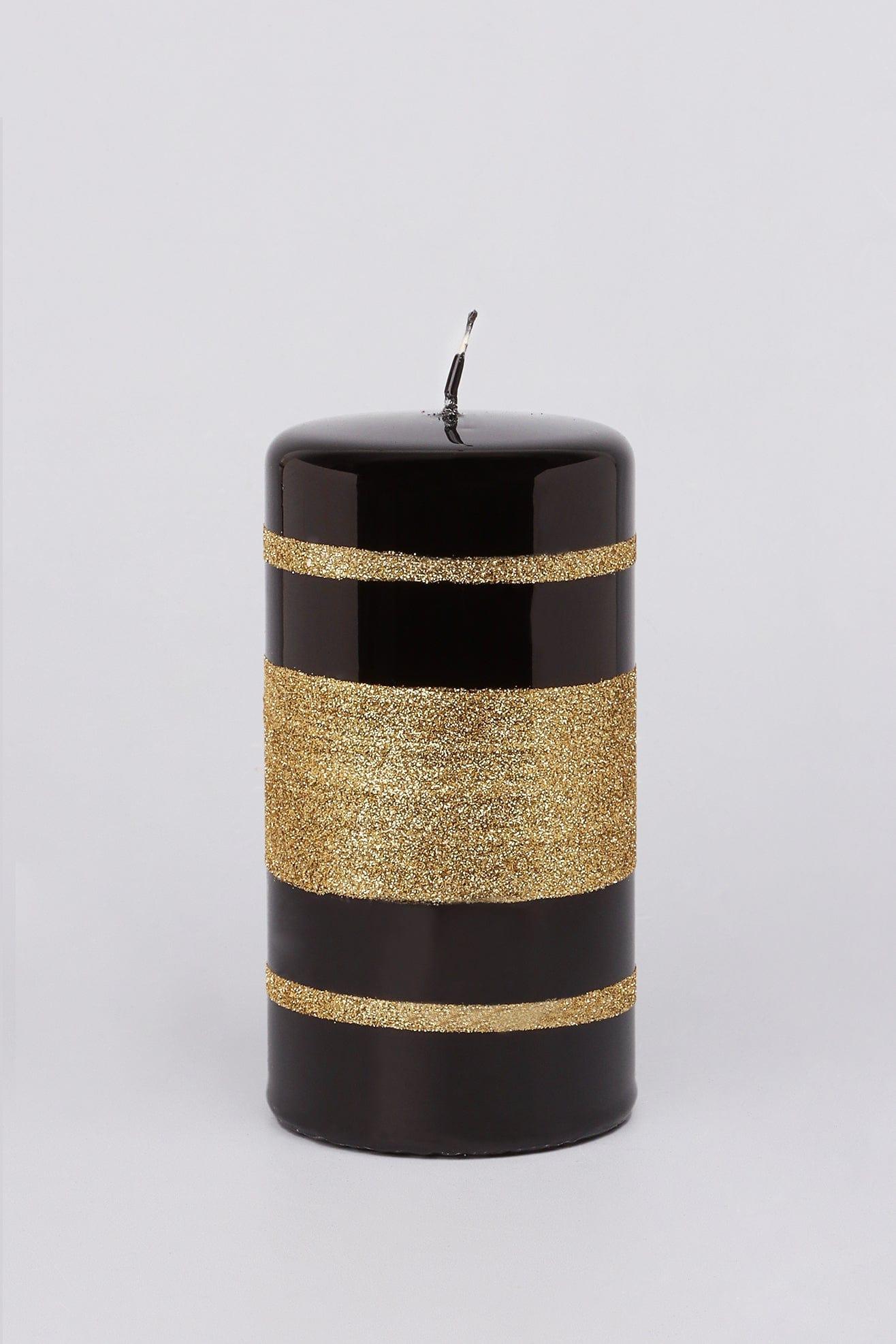 Mirror Glass Effect Clarae Limited Edition Hand-Finished Black &amp; Gold Stripe Glitter Pillar &amp; Ball Candles - G Decor