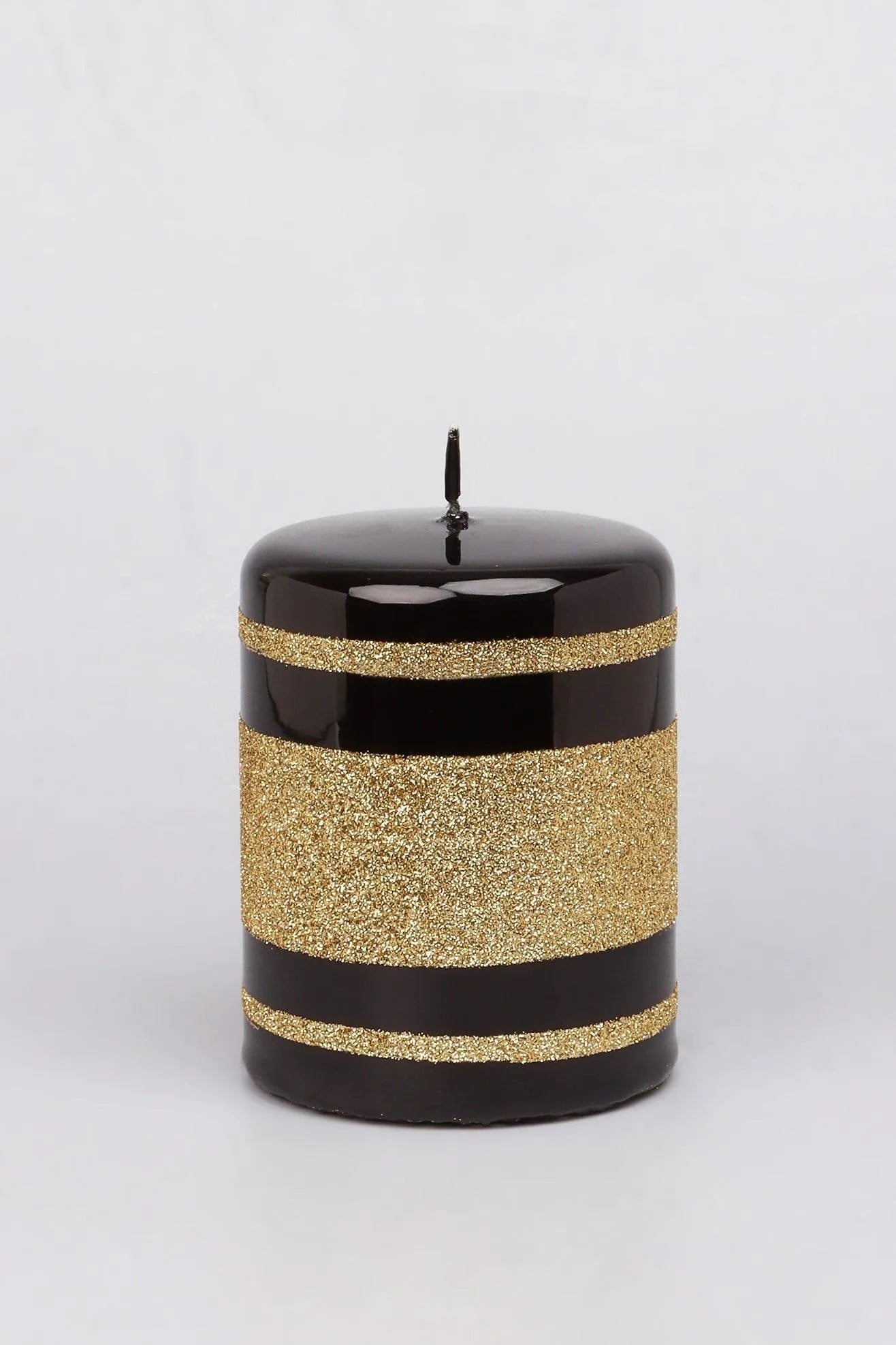 Clarae Mirror Glass Pillar and Ball Candles in Black and Gold Stripe — close-up view, G Decor