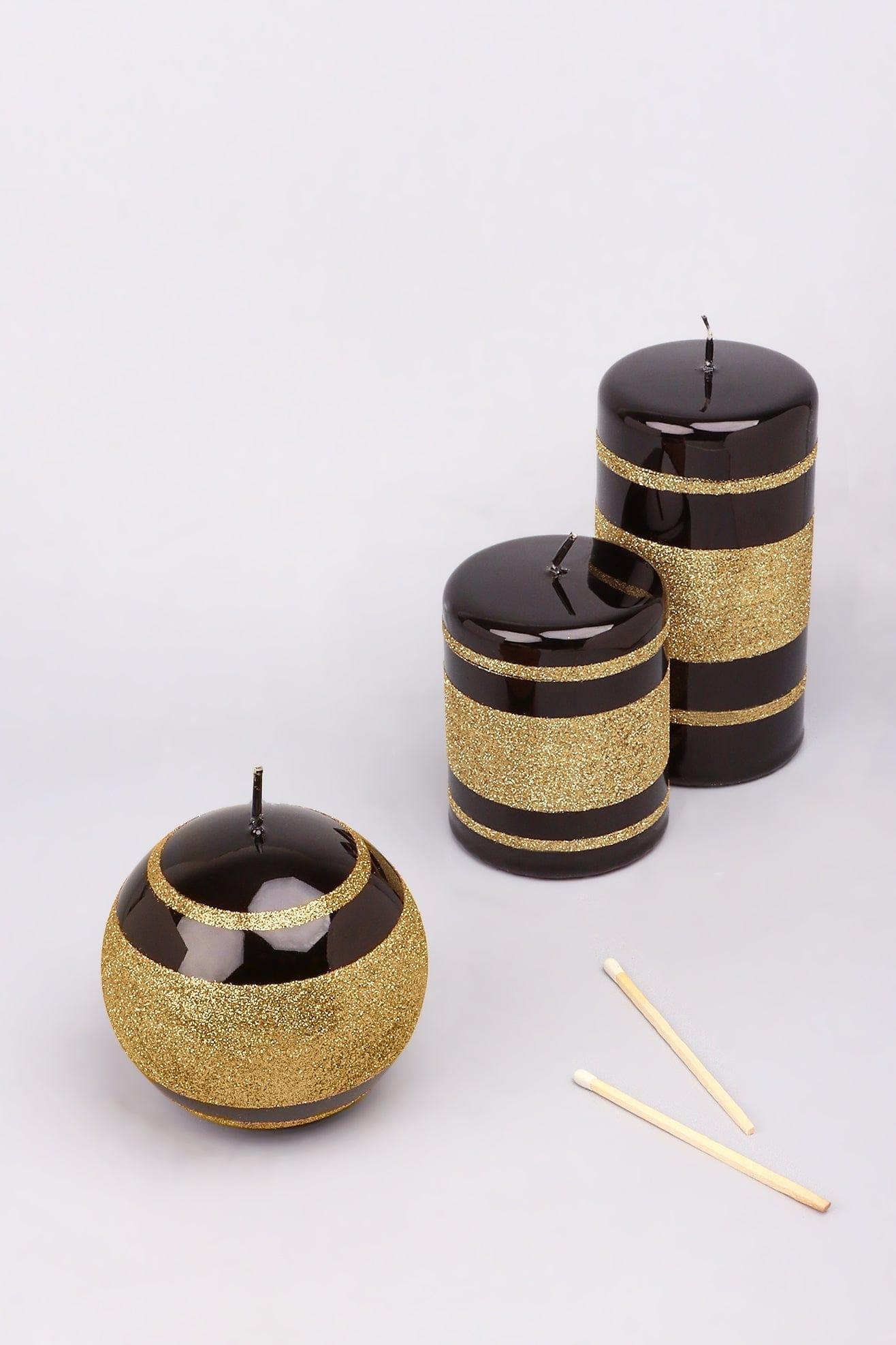 Mirror Glass Effect Clarae Limited Edition Hand-Finished Black &amp; Gold Stripe Glitter Pillar &amp; Ball Candles - G Decor