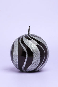 Bougies pilier et boule en verre miroir à paillettes noires et argentées