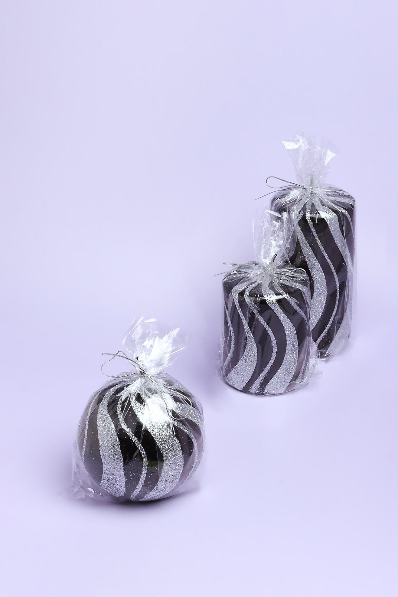 Mirror Glass Effect Limited Edition Hand-Finished Black &amp; Silver Glitter Pillar &amp; Ball Candles - G Decor