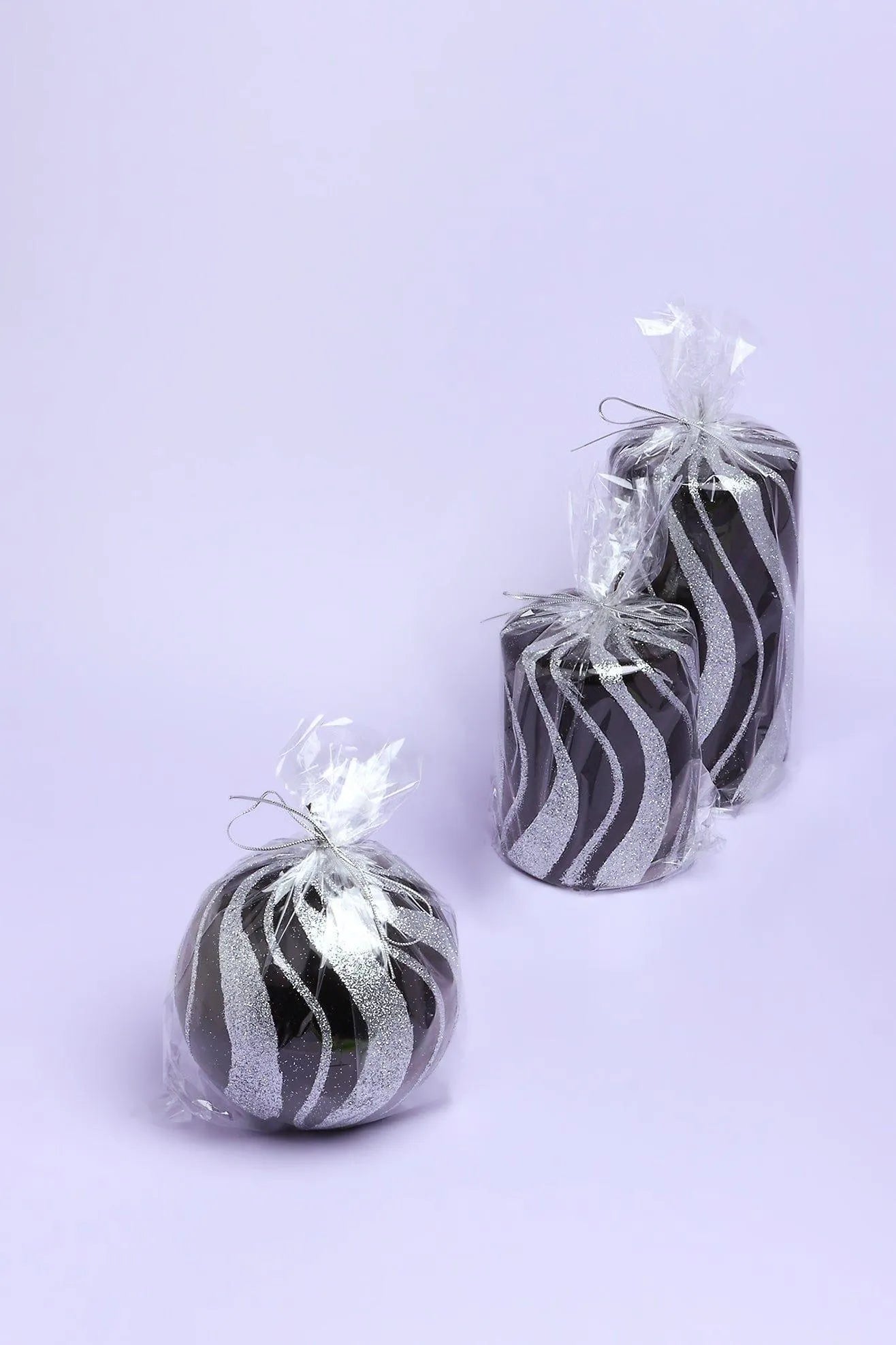 Mirror Glass Pillar and Ball Candles in Black and Silver Glitter — view 6, G Decor