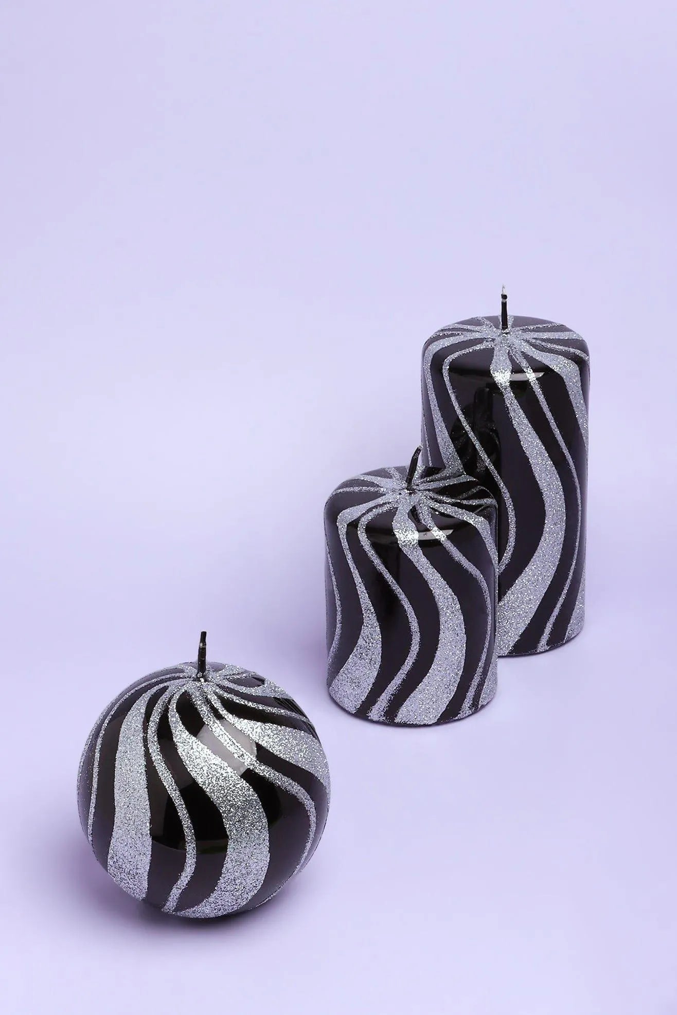 Mirror Glass Pillar and Ball Candles in Black and Silver Glitter — alternate view, G Decor